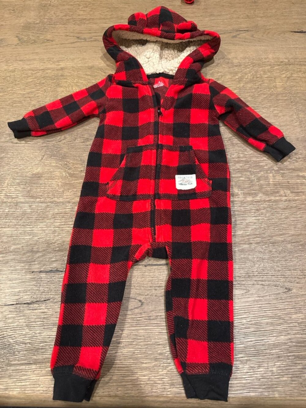 Baby Buffalo Plaid Fleece Hooded One-Piece Romper w/ Sherpa Lined Hood – 6M